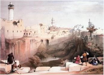 Pyhässä maassa: Jerusalem, Betesdan allas, vasemmalla Temppelivuori (kaiverrus).