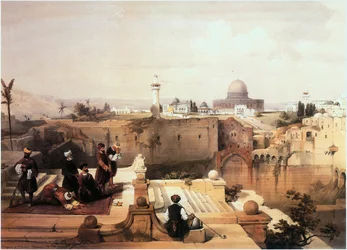 Pyhässä maassa: Jerusalem, temppelivuori ja Kalliokupoli (kaiverrus).