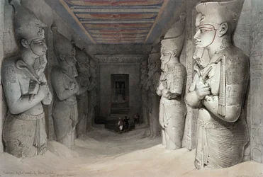 Abu Simbelin temppelin sisätila, teoksesta "Egypt and Nubia", litografia Louis Haghe, 1849