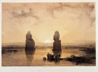 Memnonin patsaat (Memnonin kolossit) Thebassa, vedenpaisumusten aikana - "Pyhässä maassa", Lontoo 1849