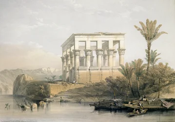 Philaen hypaetraalitemppeli, jota kutsutaan faraon vuoteeksi, kaivertanut Louis Haghe, julkaistu 1843