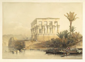 Philaen hypaetraalitemppeli, jota kutsutaan faraon vuoteeksi, taulu 65 teoksen "Egypti ja Nubia" osasta II, kaivertanut Louis Haghe (1806-85), julkaistu 1849