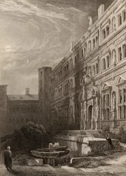 Heidelbergin suuri hovi, H. Winklesin kaiverrus, kuvitus Reinin pyhiinvaeltajista, julkaistu 1840