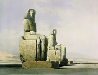 Theba, 4. joulukuuta 1838, yksityiskohta Memnonin kolosseista, taulu 12 teoksen Egypti ja Nubia I osasta, kaivertanut Louis Haghe 1806-85, julkaistu 1846, yksityiskohta teoksesta 67033