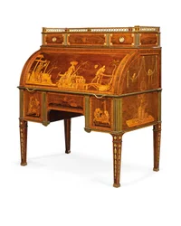 Mekaaninen sylinteritoimisto, Neuwied, n. 1776-1779 (ormolu-asennettu ja messinkiuurteinen amboyna, tulppaanipuu, petsattu sycamore & intarsia)