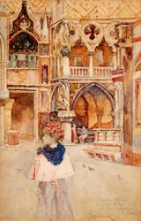Porta della Carta, sisäänkäynti Ducal Palaceen, Venetsia (akvarelli paperille)