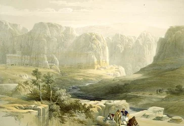 Petra katsoo etelään, 9. maaliskuuta 1839, levy 106 Pyhän maan III osasta, kaiverrettu Louis Haghe (1806-85) pub. 1849