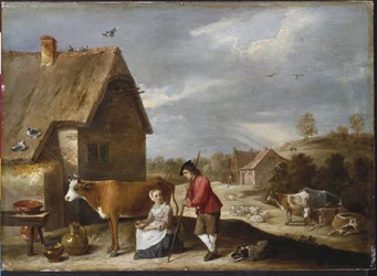 Maitotyttö ja paimen mökin ulkopuolella, 1640-luvun lopulla