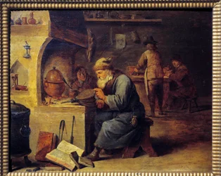 Alkemisti. David Teniers II:n maalaus nimeltä David Le Jeune (1610 - 1690), Ec. Liekki