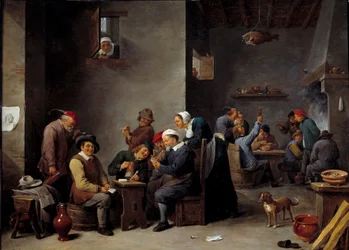 Kabareen sisustus. Korttipeli. David Teniers II sanoi Nuorempi (1610 - 1690) Ec. Liekki.