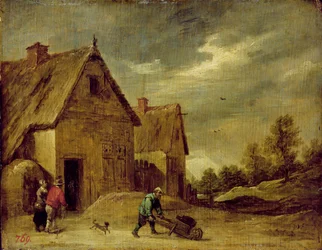 Maanviljelijä kottikärryjen kanssa (öljy tammella)