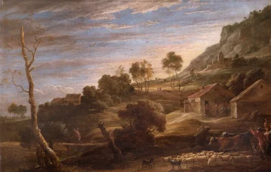 Maisema, jossa talonpojat ajavat karjaa, n. 1670-1690 (öljy kankaalle)