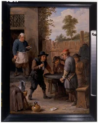Talonpojat leikkivät noppaa majatalon ulkopuolella