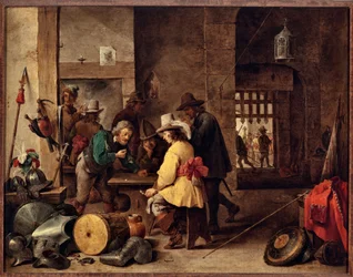 Vartiotalo, sotilaat leikkivät ja vedonlyönti David Teniersin nuoren maalaus (1610-1690)