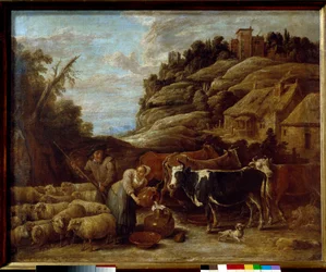 Lauman lypsäminen. David II Teniersin maalaus The Young (1610-1690) Ec. Flam.