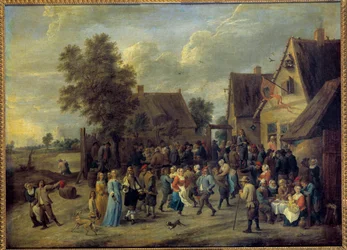 Kyläjuhlat aristokraattisen parin kanssa David Teniers II:n (1610-1690) maalaus su. 0,8x1,09 m.