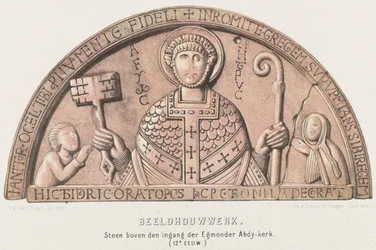 Tympanum van Egmond: jousirumpu Pietarin, Hollannin kreivi Dirk VI:n ja hänen äitinsä kreivitär Petronellan kanssa, n. 1120 Veistos. Kivi Egmonder Abbey -kirkon sisäänkäynnin yläpuolella (1100-luku) (otsikko esineessä)
