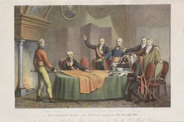 Triumviraatin korkean vallan hyväksyminen Oranssin prinssin nimissä, 21. marraskuuta 1813 Alankomaiden hallituksen palauttaminen Alankomaihin. (20. marraskuuta 1813) (otsikko esineessä)
