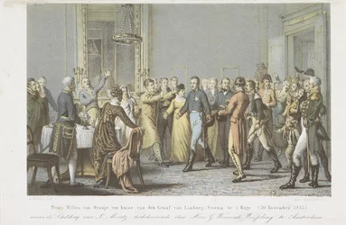 Orangen prinssi Limburgin kreivi Stirumin kodissa, 1813 Orangen prinssi William Limburg-Stirumin kreivin kodissa Haagissa. (30. marraskuuta 1813) (otsikko esineessä)