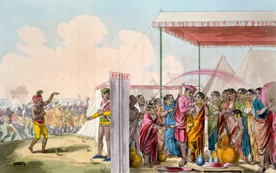 Playing the Hohlee, T. D. Broughtonin "Mahrattaiden puku, hahmo, käytöstavat, kotitottumukset ja uskonnolliset seremoniat", etsaus Baxter, 1813