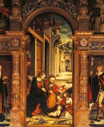 Seimi, yksityiskohta 1500-luvun alttaritaulusta, Defendente Ferrari (1480 tai 1485-1540), Pyhän Anthony of Ranverson luostari, Buttigliera Alta, Italia
