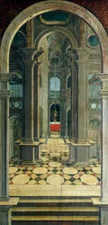 Defendente Ferrarin (1480 tai 1485-1540) maalaama perspektiivi 1500-luvun kuoron takaosaan, Pyhän Hieronen kirkko, Biella, Italia