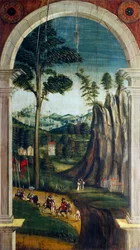Defendente Ferrarin (1480 tai 1485-1540) maalaama perspektiivi 1500-luvun kuoron takaosaan, Pyhän Hieronen kirkko, Biella, Italia