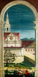 Defendente Ferrarin (1480 tai 1485-1540) maalaama perspektiivi 1500-luvun kuoron takaosaan, Pyhän Hieronen kirkko, Biella. Italia