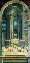 Defendente Ferrarin (1480 tai 1485-1540) maalaama perspektiivi 1500-luvun kuoron takaosaan, Pyhän Hieronymuksen kirkko, Biella. Italia