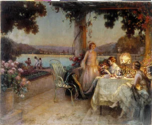 Illalla terassilla. Delphin Enjolrasin (1857-1945) maalaus, Pakollinen maininta: Collection Foundation regards de Provence. Marseille (cm 57x73) DR