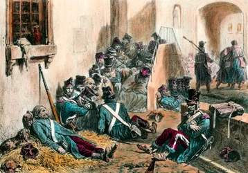 Typhus Napoleonin sotien aikana Ranskan armeijan sotilaat kärsivät taudin aiheuttamasta kuumeesta. Kaiverrus Denis Auguste Raffet (1804-1860) 1800-luku. Yksityinen kokoelma