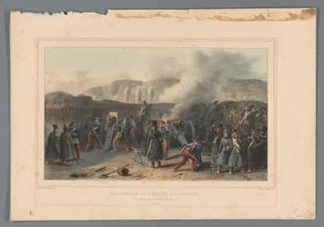 Beschieting van de Citadel, 1832 Akku rikkoutuu toiminnassa (otsikko esineessä) Raffetin piirustuksia elämästä Antwerpenin linnoituksen piirityksen yhteydessä (sarjan nimi esineessä)