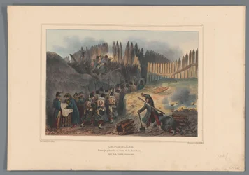 Ryhmäsotilasretken ovi ja aukko de palisadessa, 1832 Caponier, paljastettu työ puolikuun edessä (otsikko esineessä) Raffetin piirustukset luonnosta Antwerpenin linnoituksen piirityksen yhteydessä (sarjan nimi esineessä)