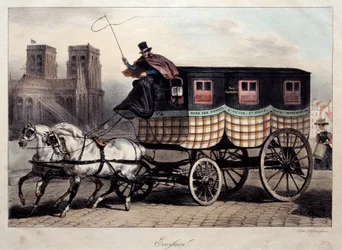 Pariisilainen liikenne: Denis Auguste Raffetin (1804-1860) "Skotlannina" Litografiana tunnettu omnibussi 1800-luvun Pariisi, Musee Carnavalet