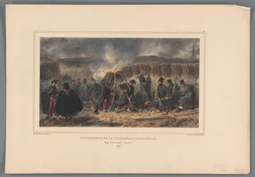 Soldaten graben een loopgraaf, 1832 Kolmannen rinnakkaisuuden avautuminen (otsikko objektissa) Raffetin piirustukset luonnosta Antwerpenin linnoituksen piirityksen yhteydessä (sarjan nimi esineessä)