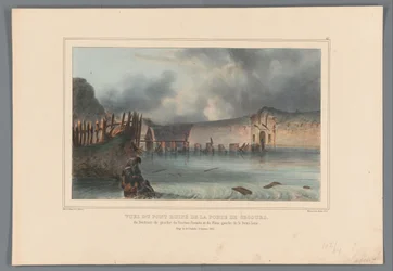 Vernielde brug, 1832 Näkymät Pelastusportin tuhoutuneelle sillalle, Bastion Pacioton vasemmalle palaajalle ja puolikuun vasemmalle kyljelle (otsikko esineessä) Raffetin piirustuksia elämästä Antwerpenin linnoituksen piirityksen yhteydessä (sarjan nimi obje