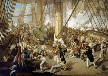 Horatio Nelsonin (1758-1805) kaatuminen Trafalgarin taistelussa 21. lokakuuta.