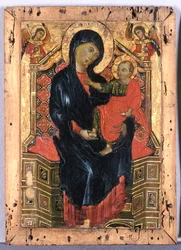 Valtaistuimella Madonna lapsen ja kahden enkelin kanssa, n. 1300 (tempera poppelipuulla)