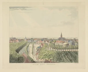 Nijmegen, näkymä Belvédèrestä länteen Länteen (otsikko esineessä) Nähtävyydet ympäri Nijmegenin kaupunkia (sarjan nimi) Gelderschin panoraama tai pyöreä näkymä elämästä piirrettynä Nymegenin Belvederelle (sarjan nimi)