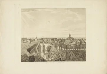 Nijmegen, näkymä Belvédèrestä länteen Länteen (otsikko esineessä) Nähtävyydet ympäri Nijmegenin kaupunkia (sarjan nimi) Gelderschin panoraama tai pyöreä näkymä elämästä piirrettynä Nymegenin Belvederelle (sarjan nimi)