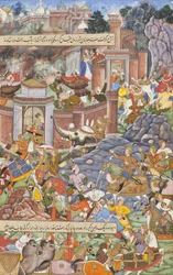 Sulttaani Bahadurin lento Humayuns 1535 -kampanjan aikana Gujaratissa, n. 1590 (läpinäkymätön akvarelli, kulta ja muste paperilla)