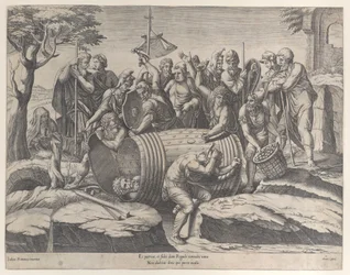 Marcus Atilius Regulus tynnyrissä, kun kaksi miestä lyö nauloja, erilaisia fi..., 1555-77.