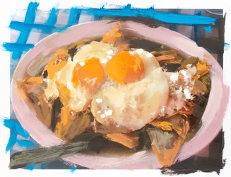 Chilaquiles con pollo y huevo, 2018 (akryylimaali painetulle valokuvalle)
