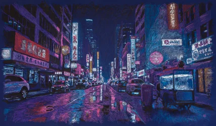 Stimuli avenue in HK, 2025 (akryyli, muste ja lyijykynä kankaalle)