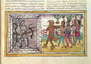 Codex Duran: Pedro de Alvarado (n. 1485-1541) atsteekisotureiden piirittämän Hernando Cortesin (1485-1547) asekumppani