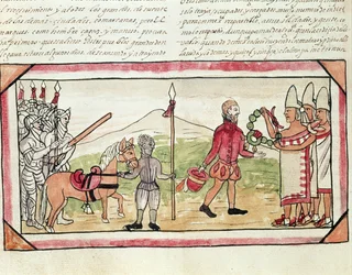 Fol.208v Hernando Cortesin (1485-1547) ja Montezuman (1466-1520) tapaaminen, miniatyyri Diego Duranin intiaanien historiasta, 1579