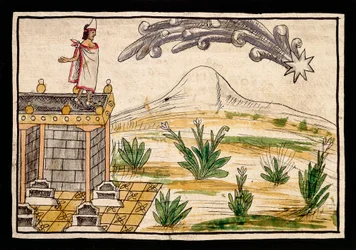 Montezuma tarkkailee komeetta, miniatyyri Diego Duranin (1537-1588) Intian historiasta