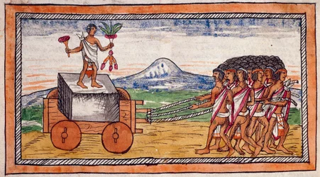 Atsteekit kuljettamassa kiviä kaupunkinsa rakentamiseen, venytysvesiväri Diego Duranin (1537-1588) Intian historiasta, käsikirjoitus, folio 188 recto