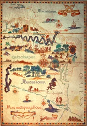Lisää Etelä-Amerikan Diego Homemin 5415A f.23v-24 Atlas, joka näyttää intiaanit asutuksissaan, espanjalaisen retkikunnan joukkoleirin ja miehet panssarivaunuissa, n. 1558
