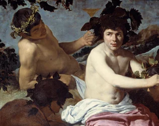 Bacchuksen voitto tai "Juolaisten" yksityiskohta. Diego Rodriguez de Silvan ja Velasquezin (1599-1660) maalaus noin 1639-1 Himmeä. 1,65 x 2,25 m Madrid, Meadow Museum